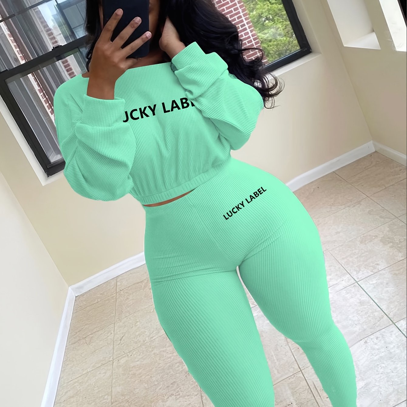 [Women's Sweatshirt Set] Letter Embroidery Women's Two Piece Ribbed s Fall Spring Long Sleeve Sweatshirt and Skinny Pants Set