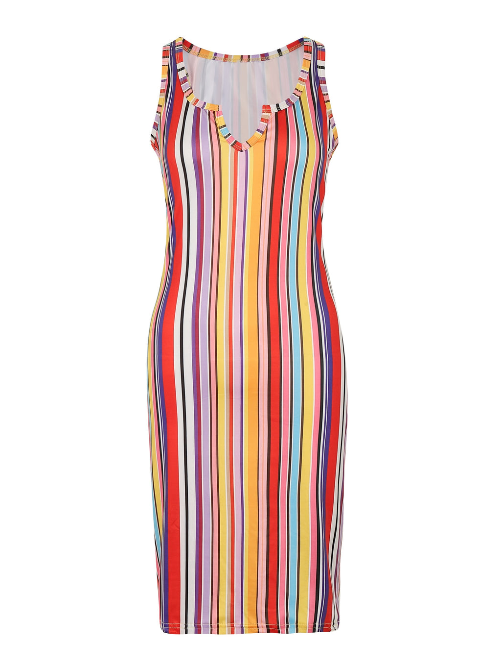 Random Print Striped Bodycon Dress, Sexy Sleeveless V-neck Stretchy Knee Length Dress, Women's Clothing