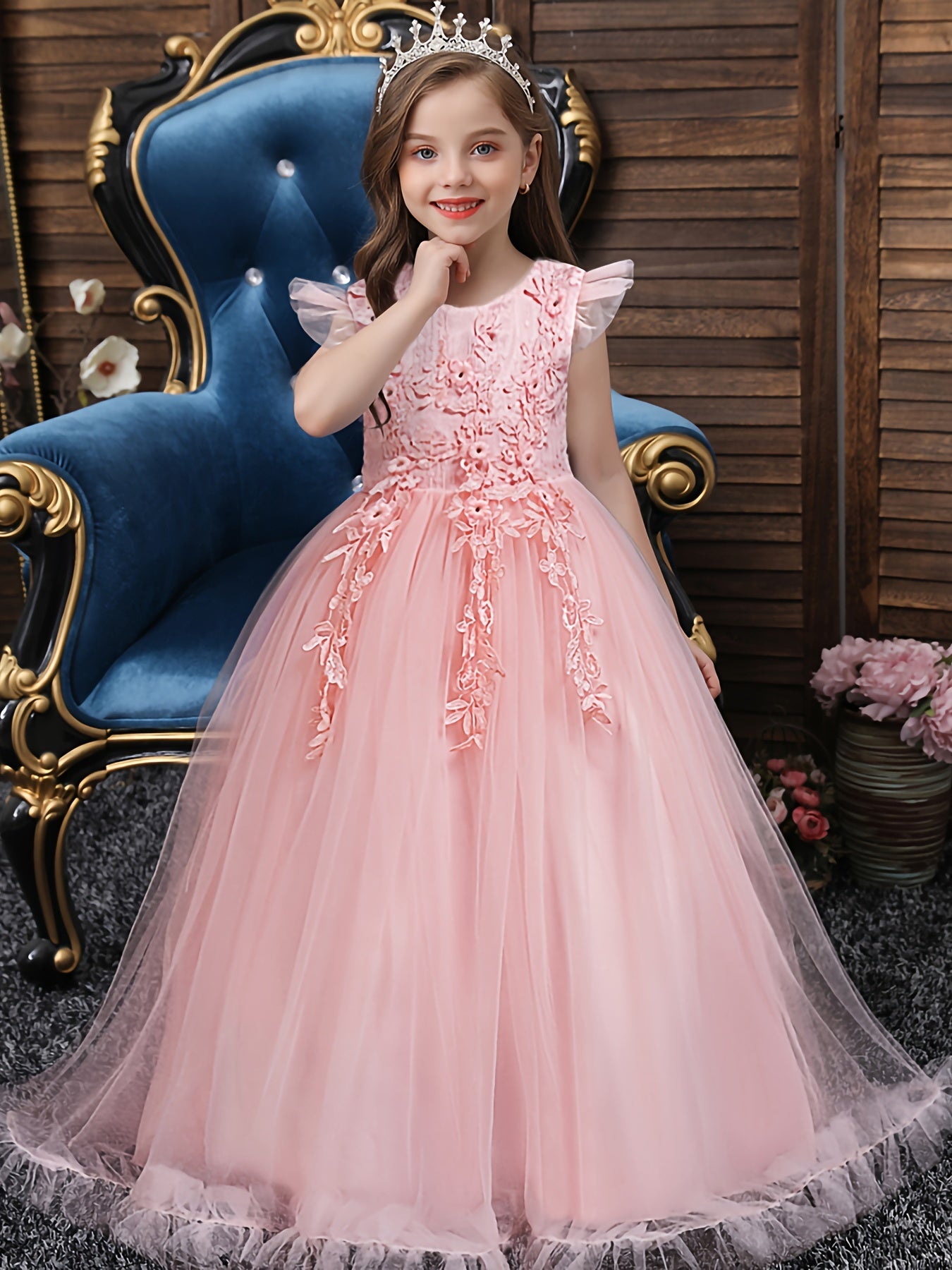 Girls Formal Maxi Dress Wedding Pageant Party Princess Communion With Floral Embroidery, Vintage Lace Dance Gown