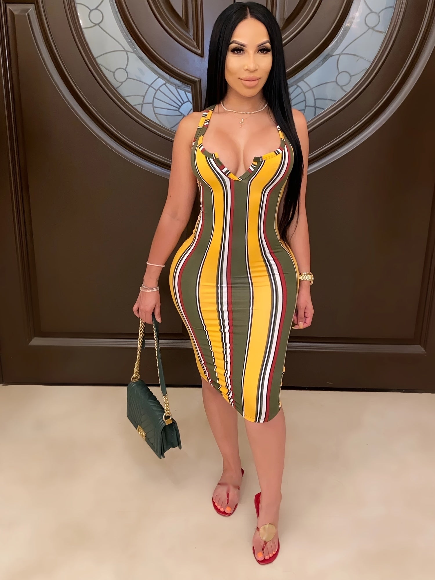 Random Print Striped Bodycon Dress, Sexy Sleeveless V-neck Stretchy Knee Length Dress, Women's Clothing