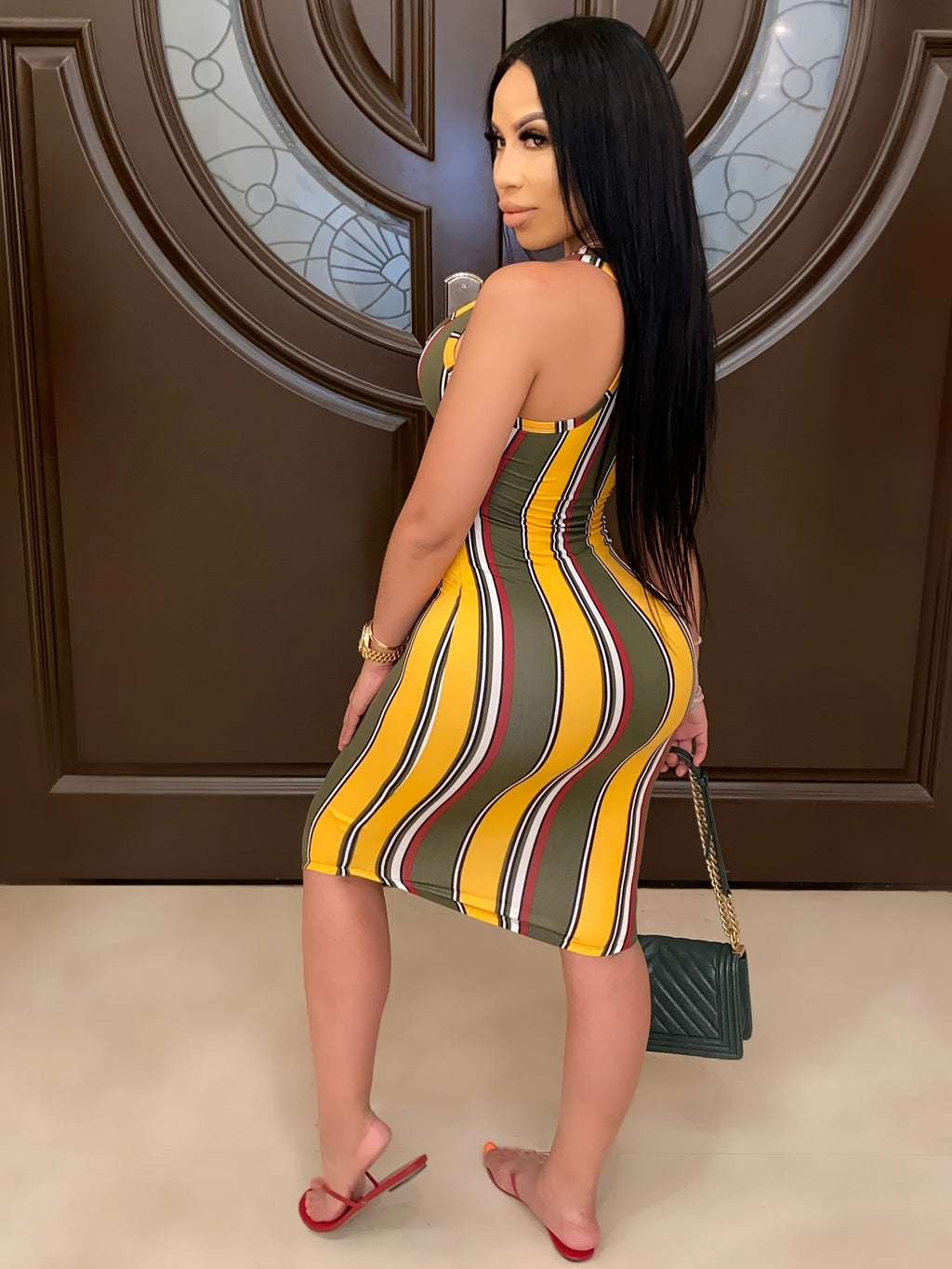 Random Print Striped Bodycon Dress, Sexy Sleeveless V-neck Stretchy Knee Length Dress, Women's Clothing