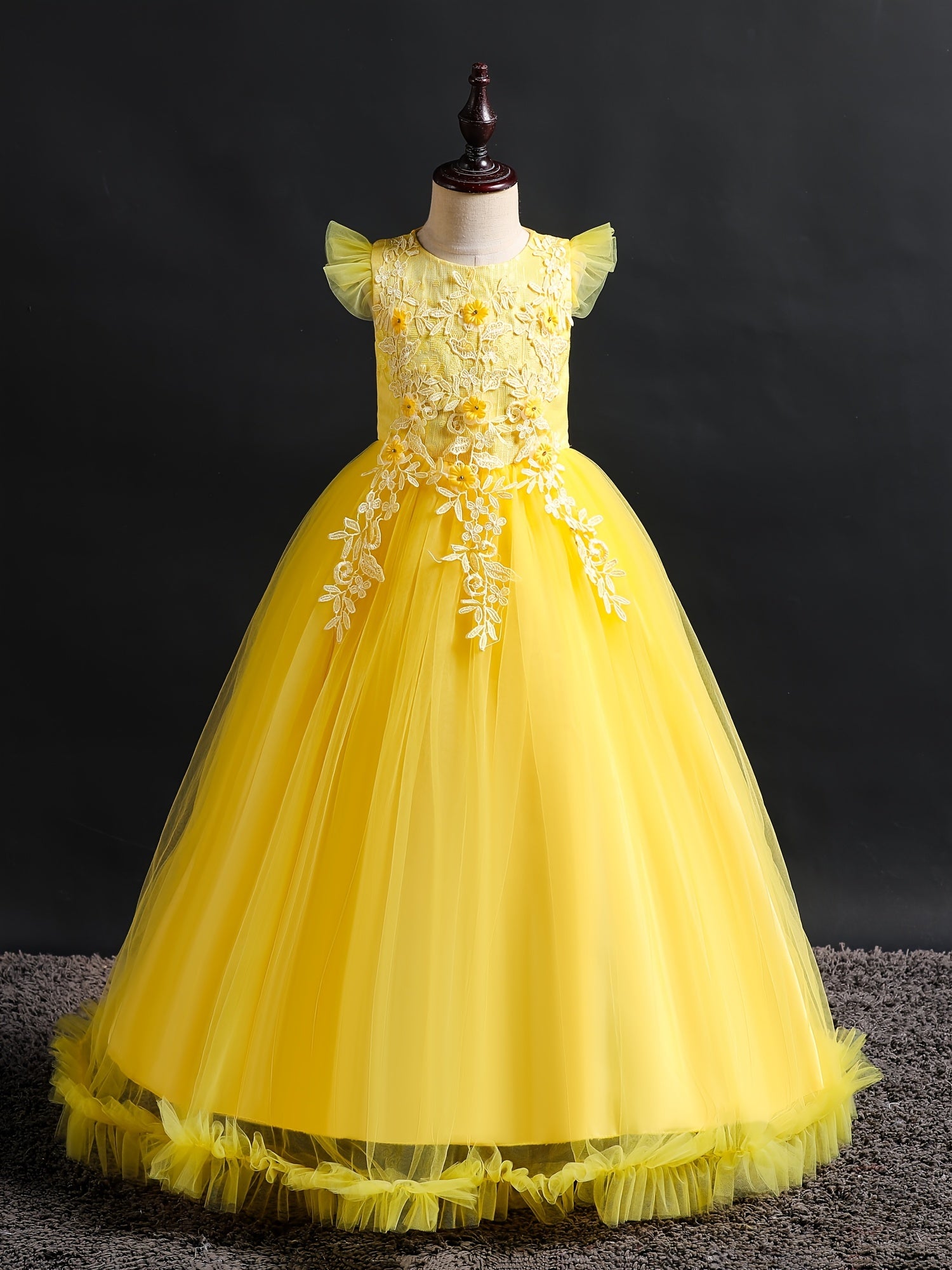 Girls Formal Maxi Dress Wedding Pageant Party Princess Communion With Floral Embroidery, Vintage Lace Dance Gown