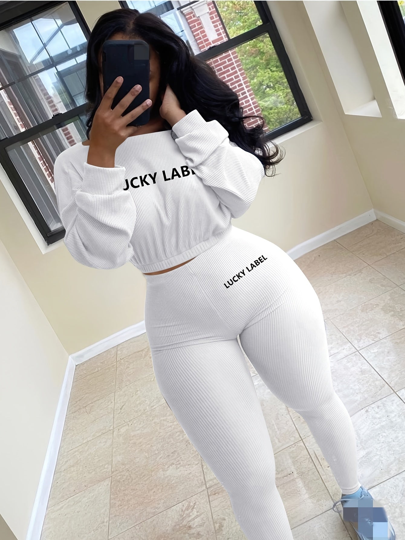 [Women's Sweatshirt Set] Letter Embroidery Women's Two Piece Ribbed s Fall Spring Long Sleeve Sweatshirt and Skinny Pants Set