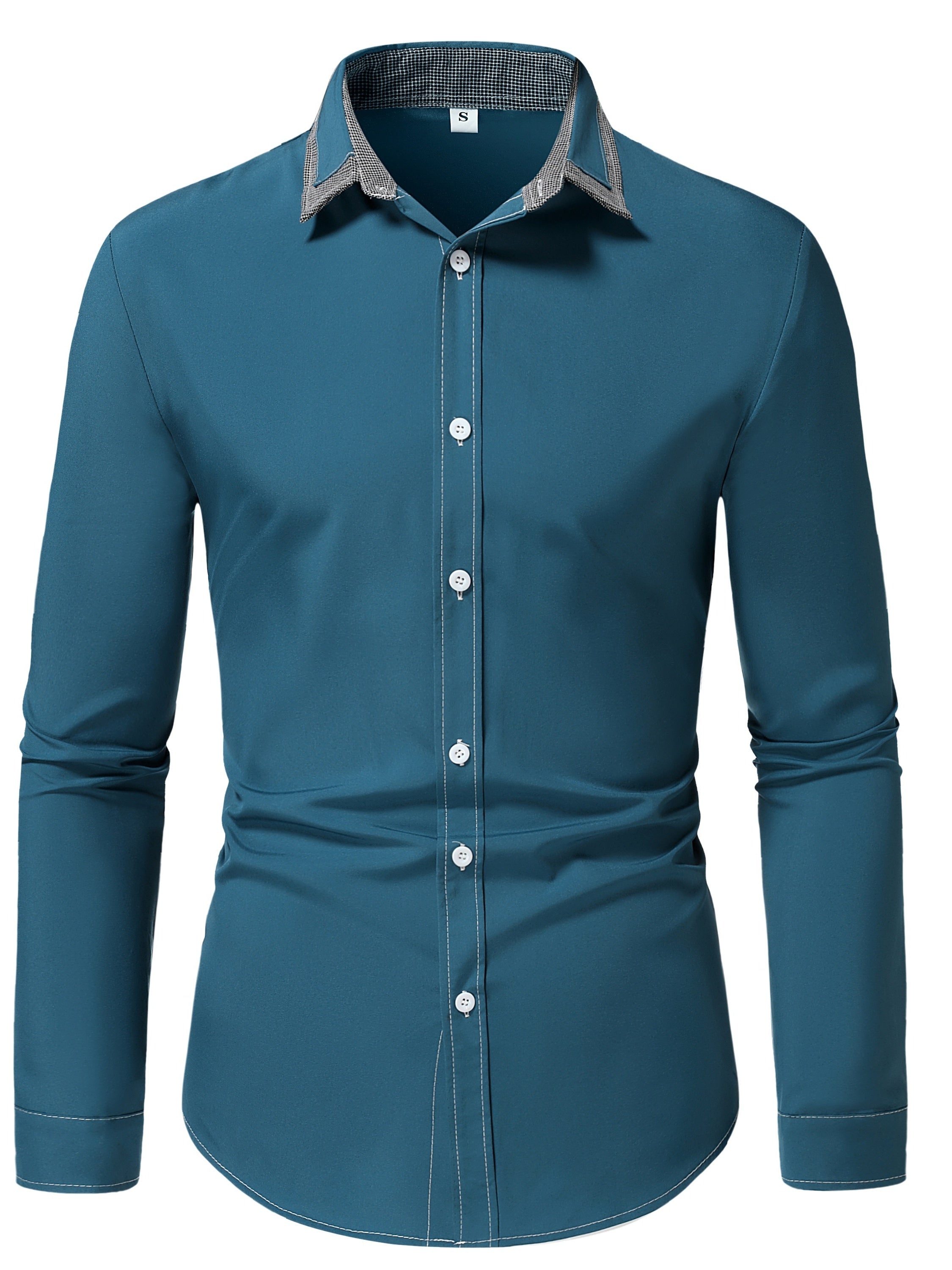 Men'S Color-Blocked Checkered Casual Long-Sleeve Shirt