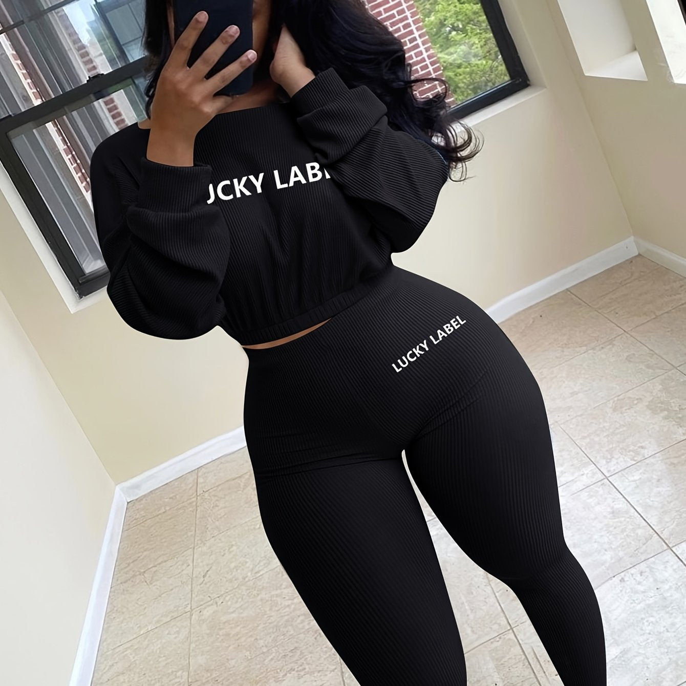 [Women's Sweatshirt Set] Letter Embroidery Women's Two Piece Ribbed s Fall Spring Long Sleeve Sweatshirt and Skinny Pants Set