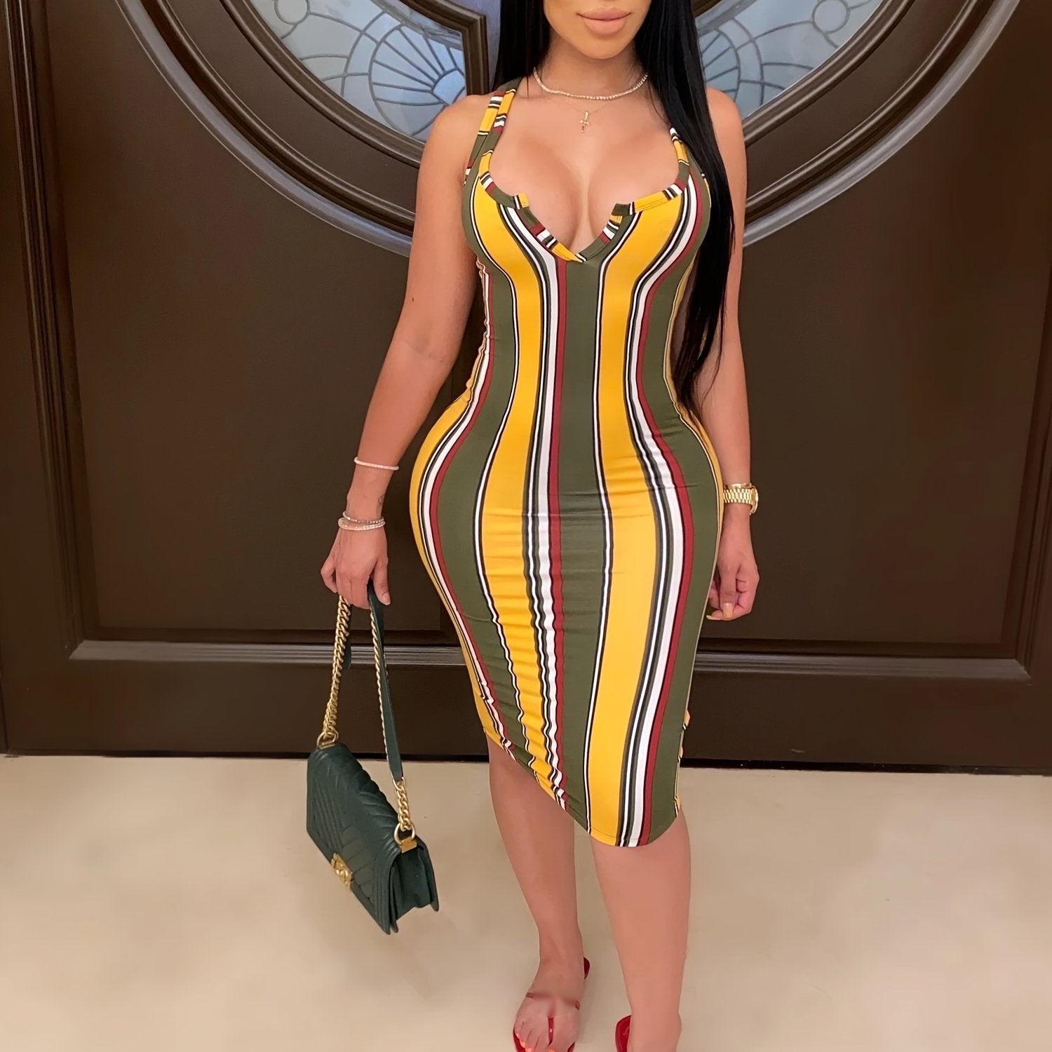 Random Print Striped Bodycon Dress, Sexy Sleeveless V-neck Stretchy Knee Length Dress, Women's Clothing