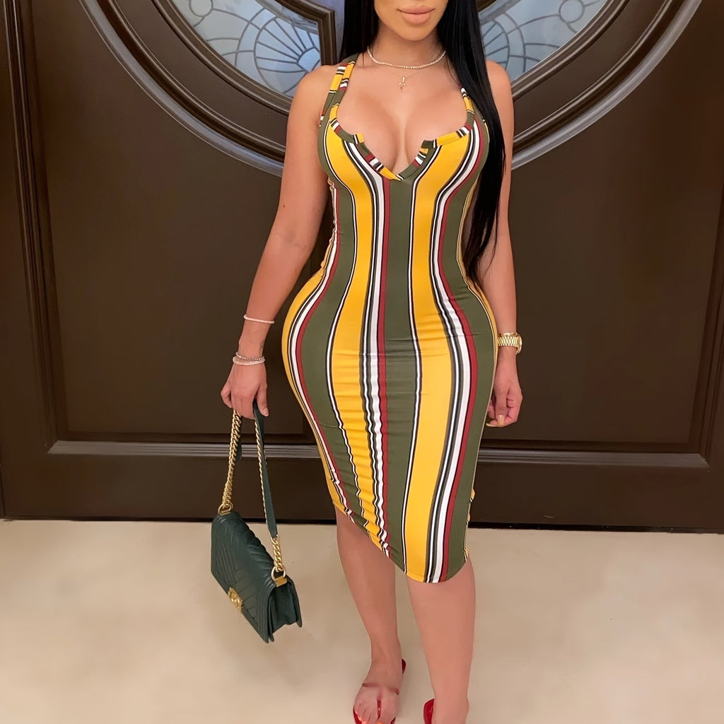 Random Print Striped Bodycon Dress, Sexy Sleeveless V-neck Stretchy Knee Length Dress, Women's Clothing