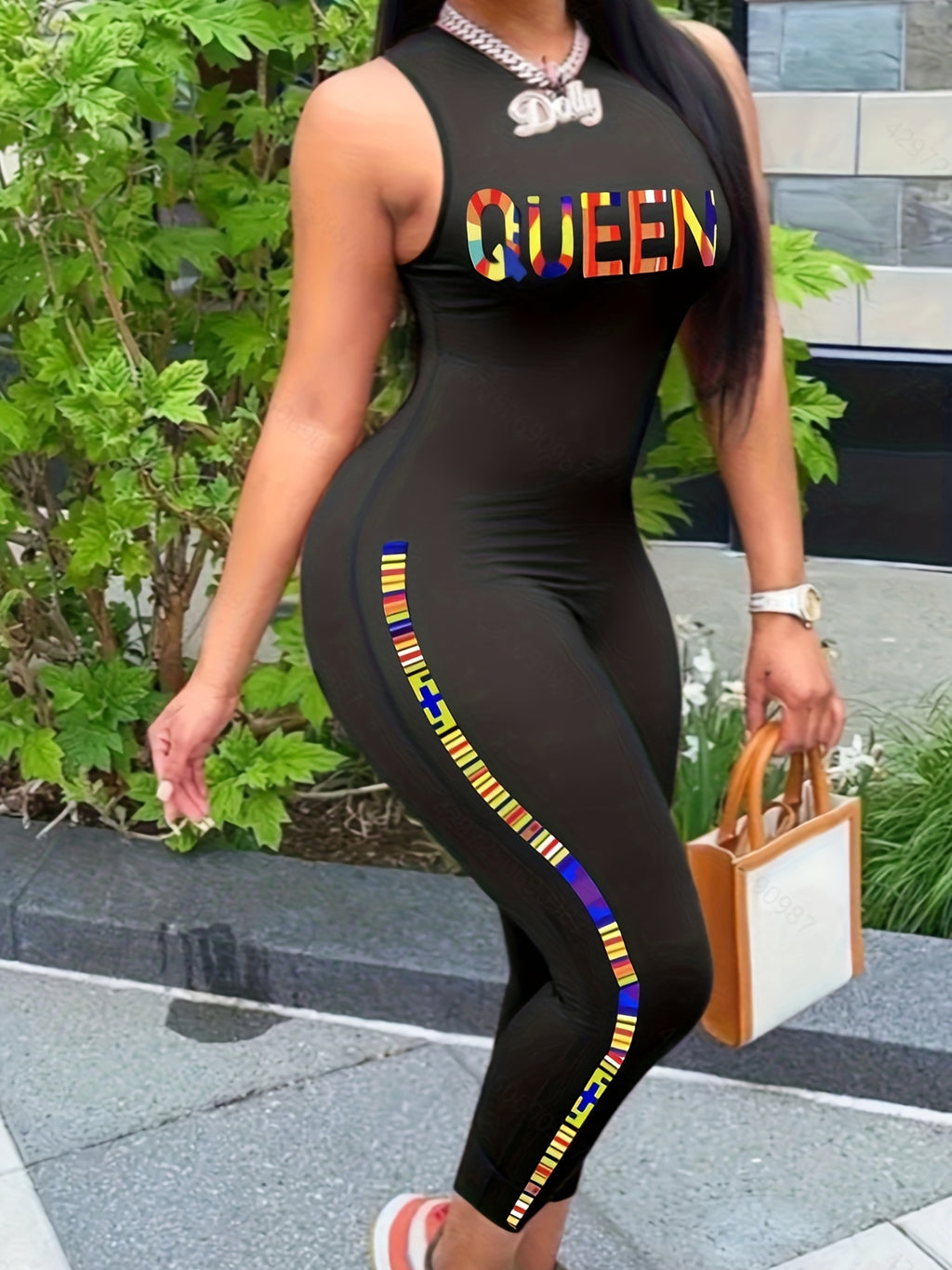 Queen Letter Print Tank Jumpsuit, Slim Solid Casual Jumpsuit For Spring & Summer, Women's Clothing