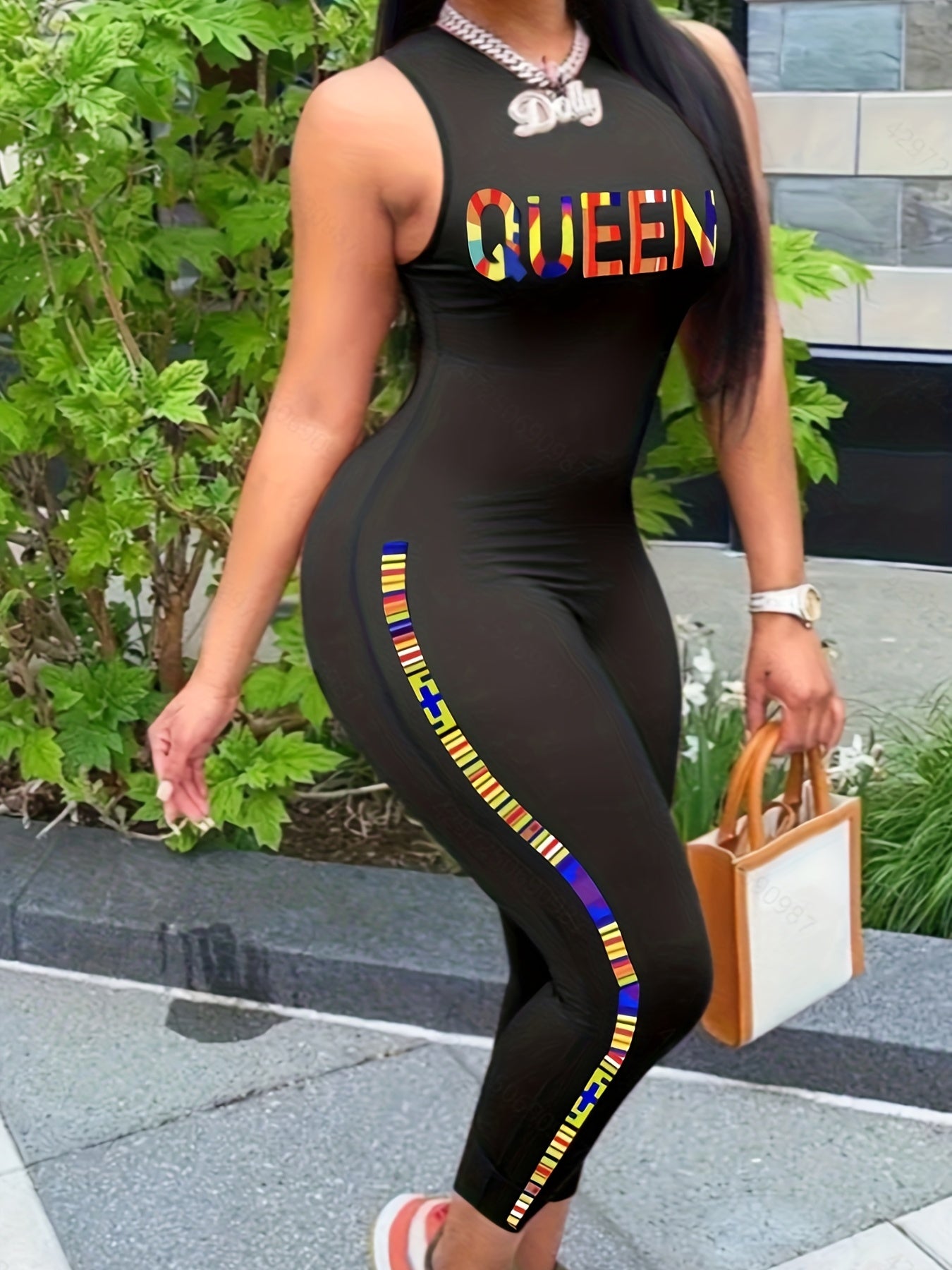 Queen Letter Print Tank Jumpsuit, Slim Solid Casual Jumpsuit For Spring & Summer, Women's Clothing