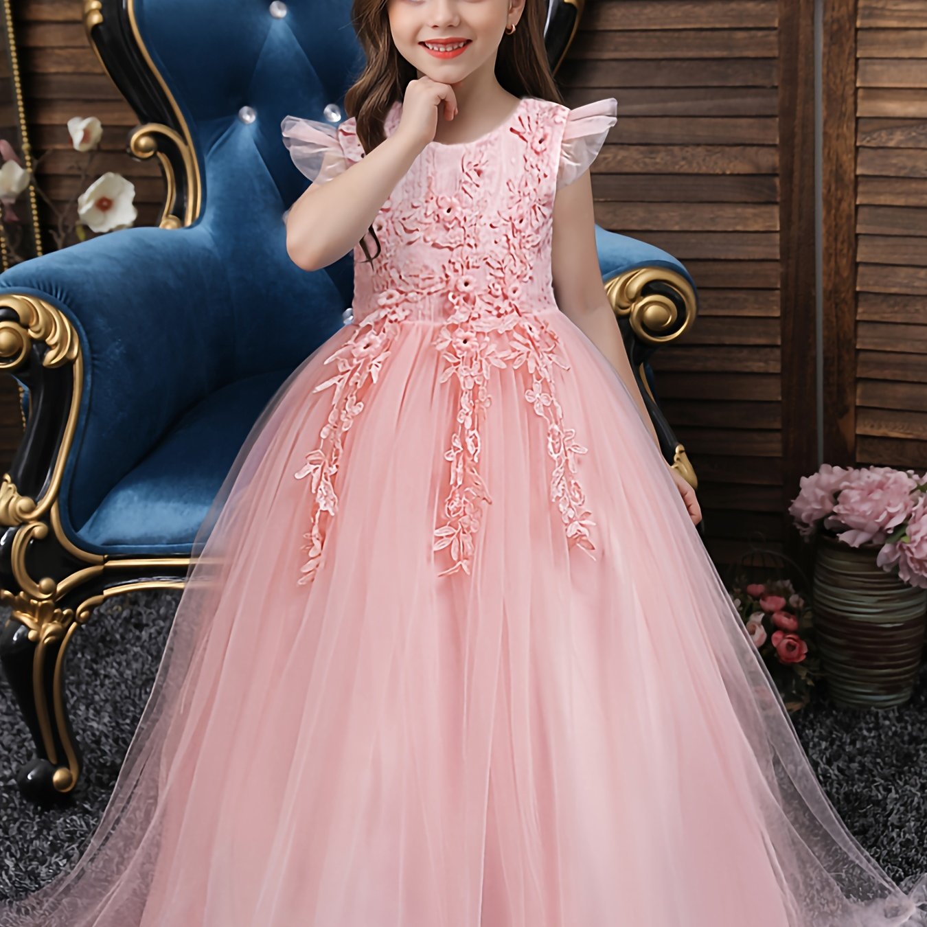 Girls Formal Maxi Dress Wedding Pageant Party Princess Communion With Floral Embroidery, Vintage Lace Dance Gown