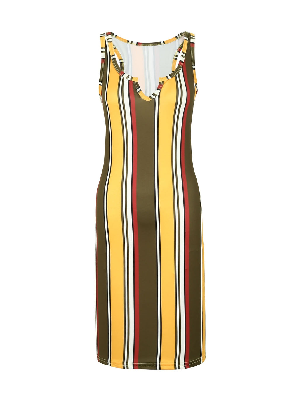 Random Print Striped Bodycon Dress, Sexy Sleeveless V-neck Stretchy Knee Length Dress, Women's Clothing