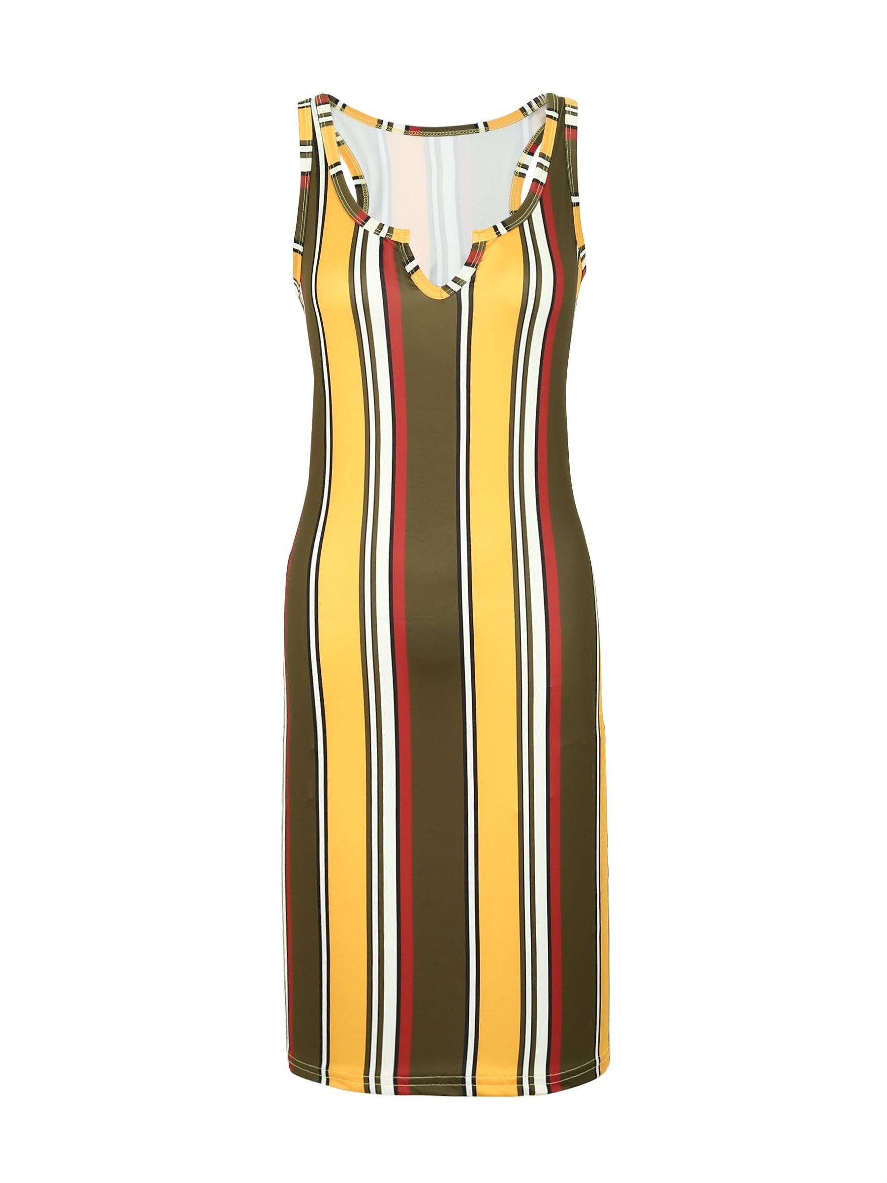 Random Print Striped Bodycon Dress, Sexy Sleeveless V-neck Stretchy Knee Length Dress, Women's Clothing