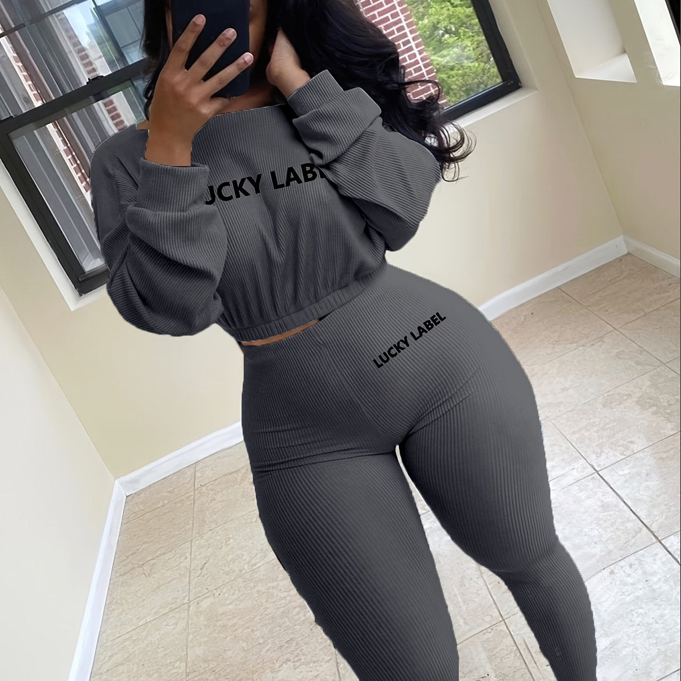 [Women's Sweatshirt Set] Letter Embroidery Women's Two Piece Ribbed s Fall Spring Long Sleeve Sweatshirt and Skinny Pants Set