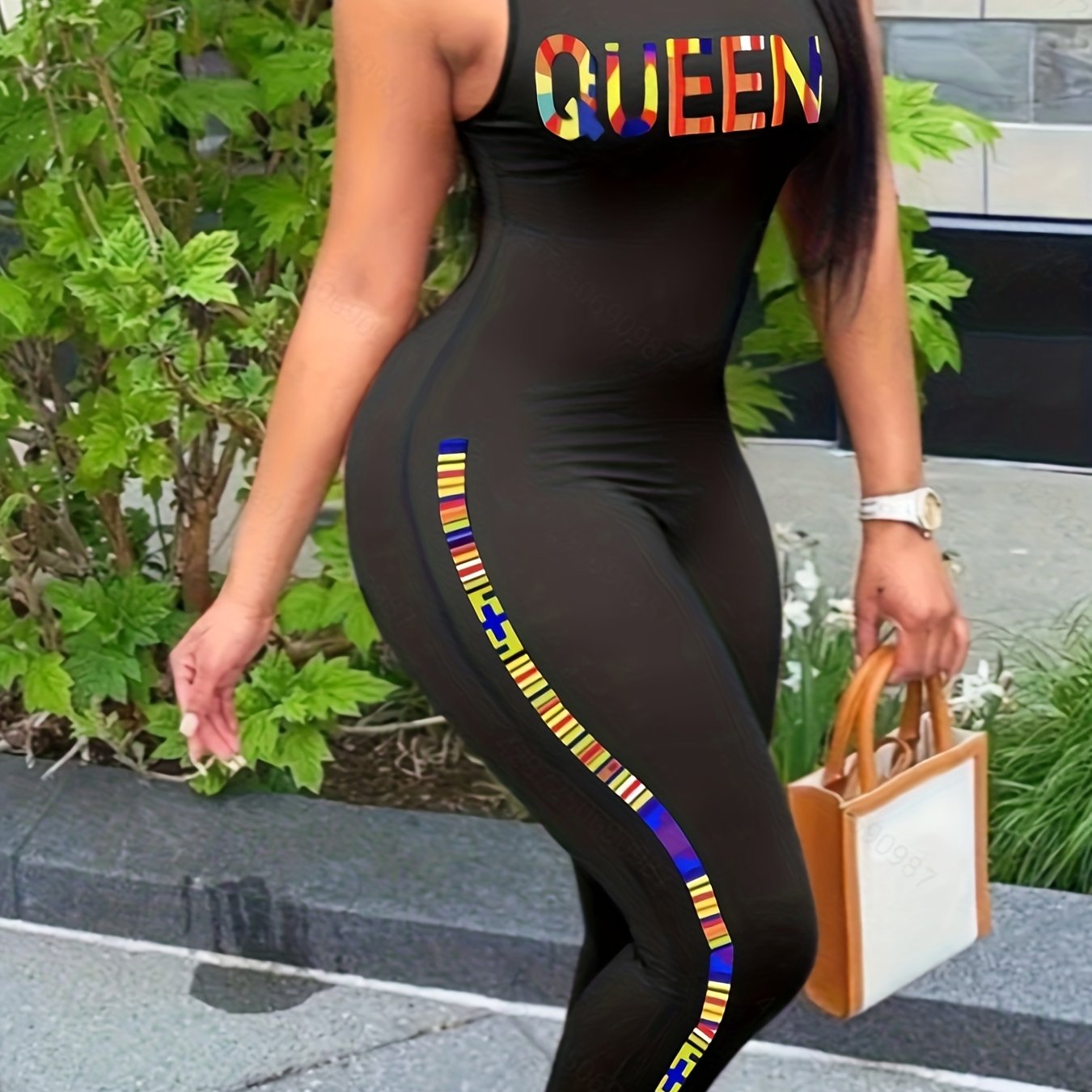 Queen Letter Print Tank Jumpsuit, Slim Solid Casual Jumpsuit For Spring & Summer, Women's Clothing