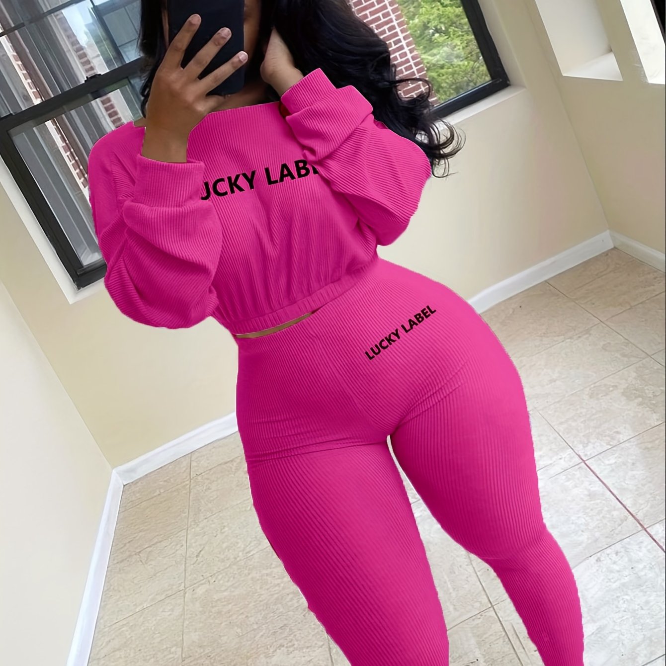 [Women's Sweatshirt Set] Letter Embroidery Women's Two Piece Ribbed s Fall Spring Long Sleeve Sweatshirt and Skinny Pants Set