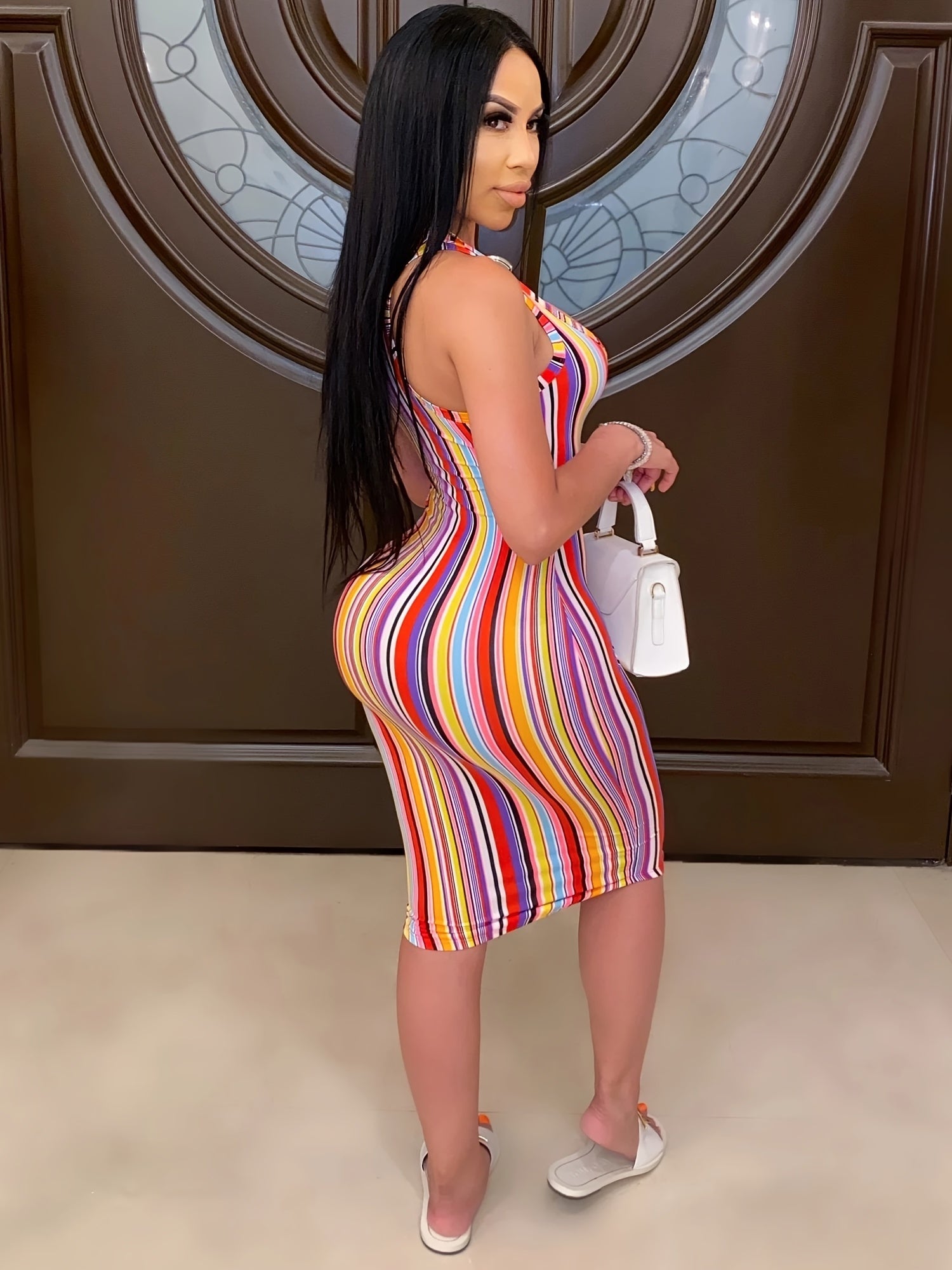 Random Print Striped Bodycon Dress, Sexy Sleeveless V-neck Stretchy Knee Length Dress, Women's Clothing