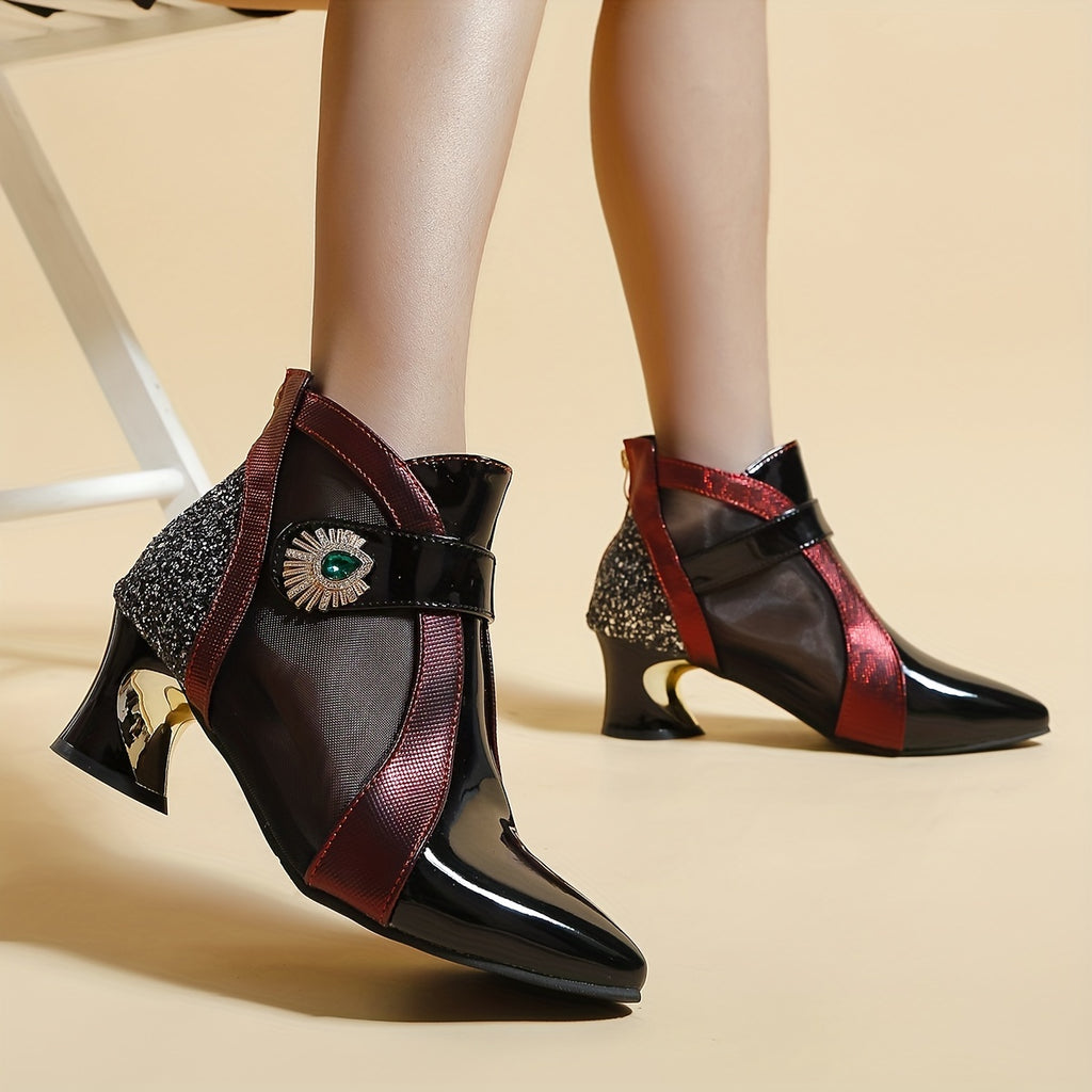 Women's Rhinestone Mesh Ankle Boots with Pointed Toe, Fashionable Short Boots