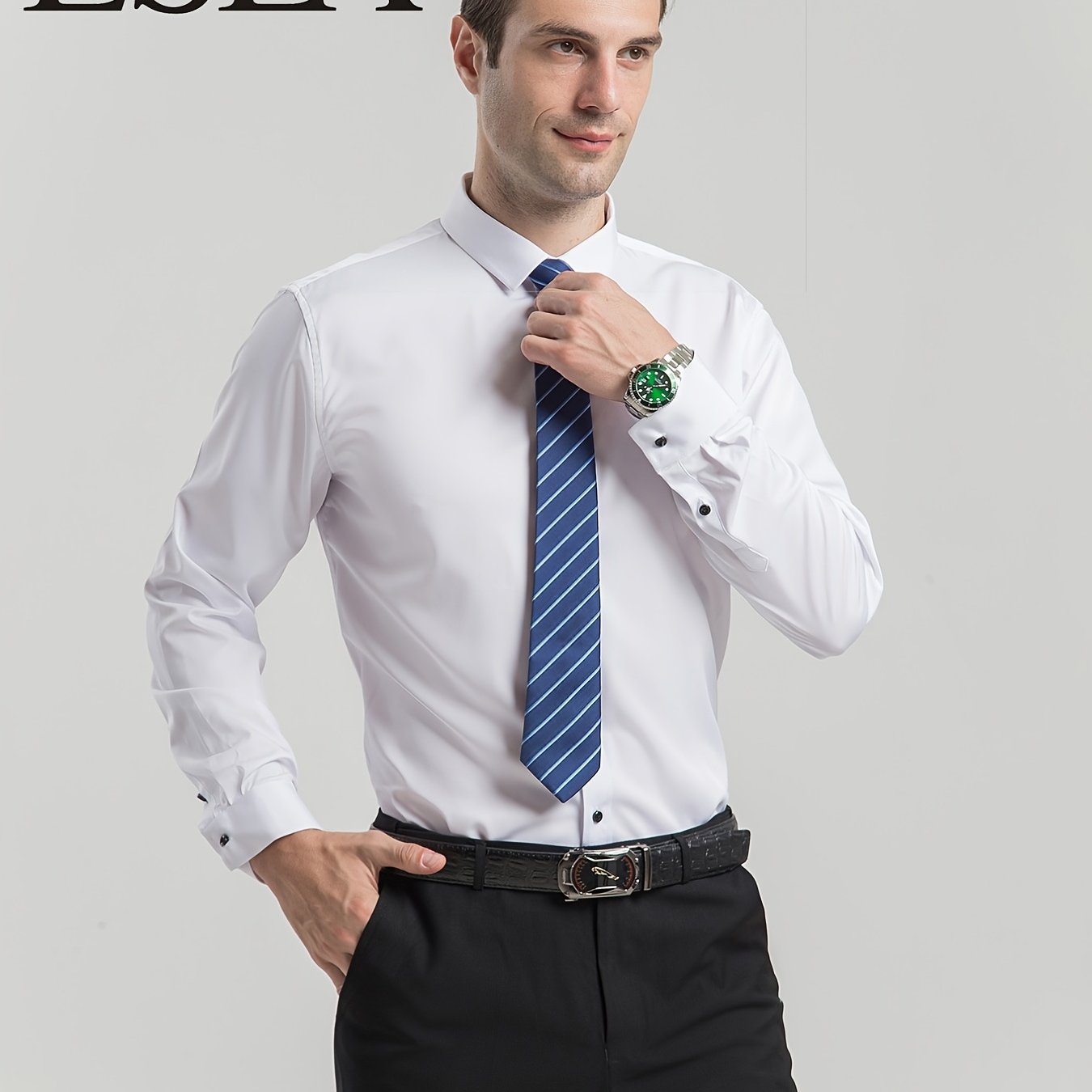 Men'S Slim-Fit Stretch Formal Shirt, Light Business Lapel Long Sleeve Shirt, Men'S Business Shirt Wrinkle-Resistant and Durable Solid Color Formal Long Sleeve Shirt with Buttons and Pockets Suitable for Work, Commuting, Datin