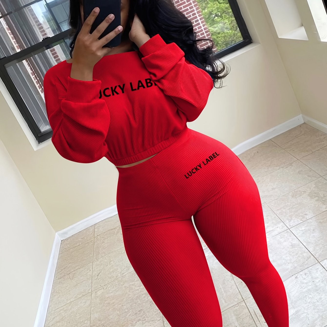 [Women's Sweatshirt Set] Letter Embroidery Women's Two Piece Ribbed s Fall Spring Long Sleeve Sweatshirt and Skinny Pants Set