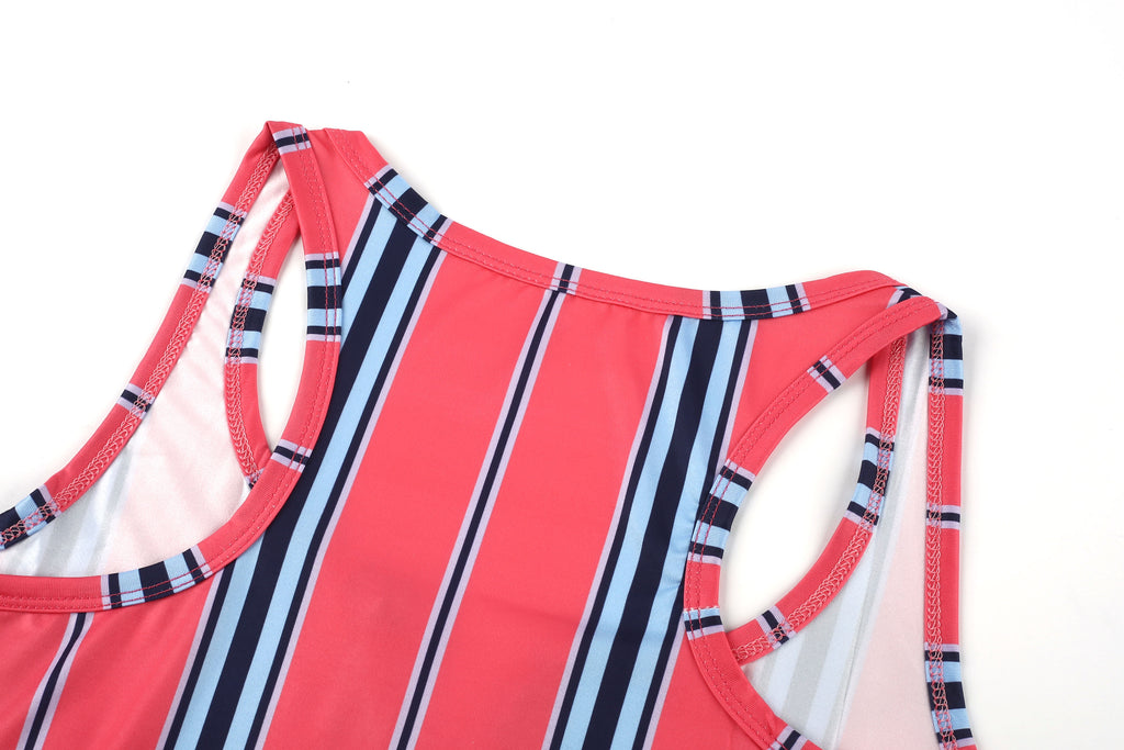 Random Print Striped Bodycon Dress, Sexy Sleeveless V-neck Stretchy Knee Length Dress, Women's Clothing