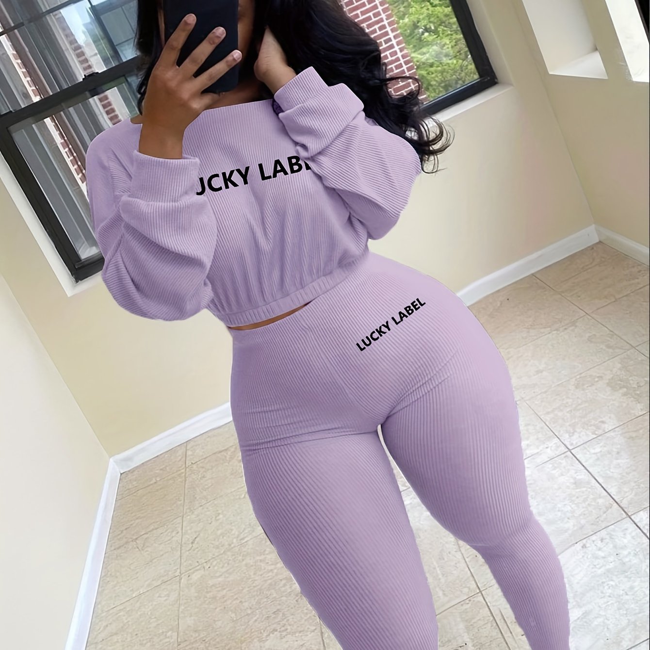 [Women's Sweatshirt Set] Letter Embroidery Women's Two Piece Ribbed s Fall Spring Long Sleeve Sweatshirt and Skinny Pants Set