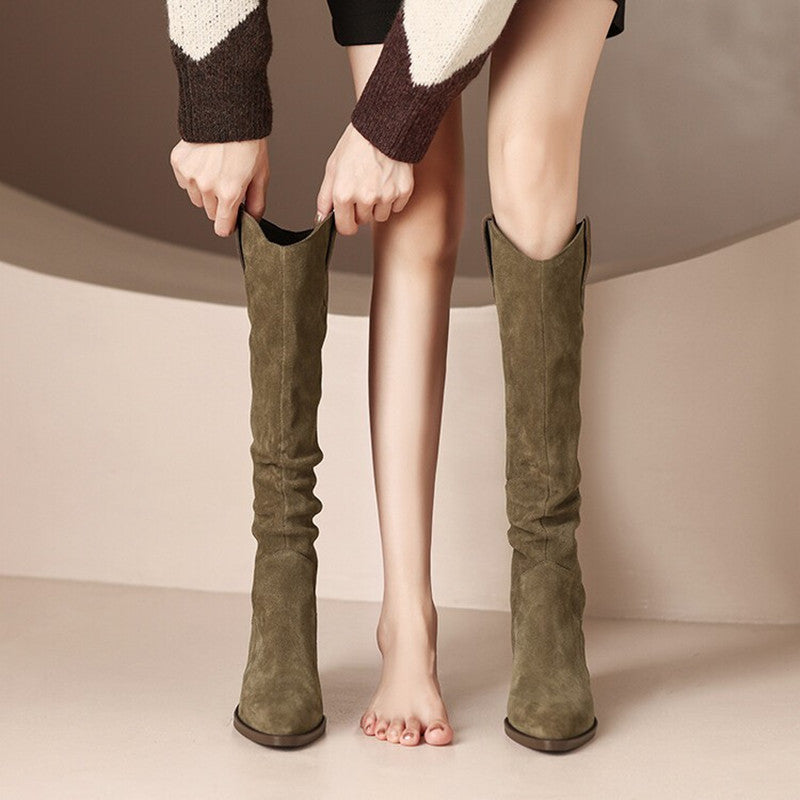 2022 Vintage Western Cowboy Boots with Coarse Heels and Frosted, but Knee-length Boots, Female Slim Boots, Knight Boots
