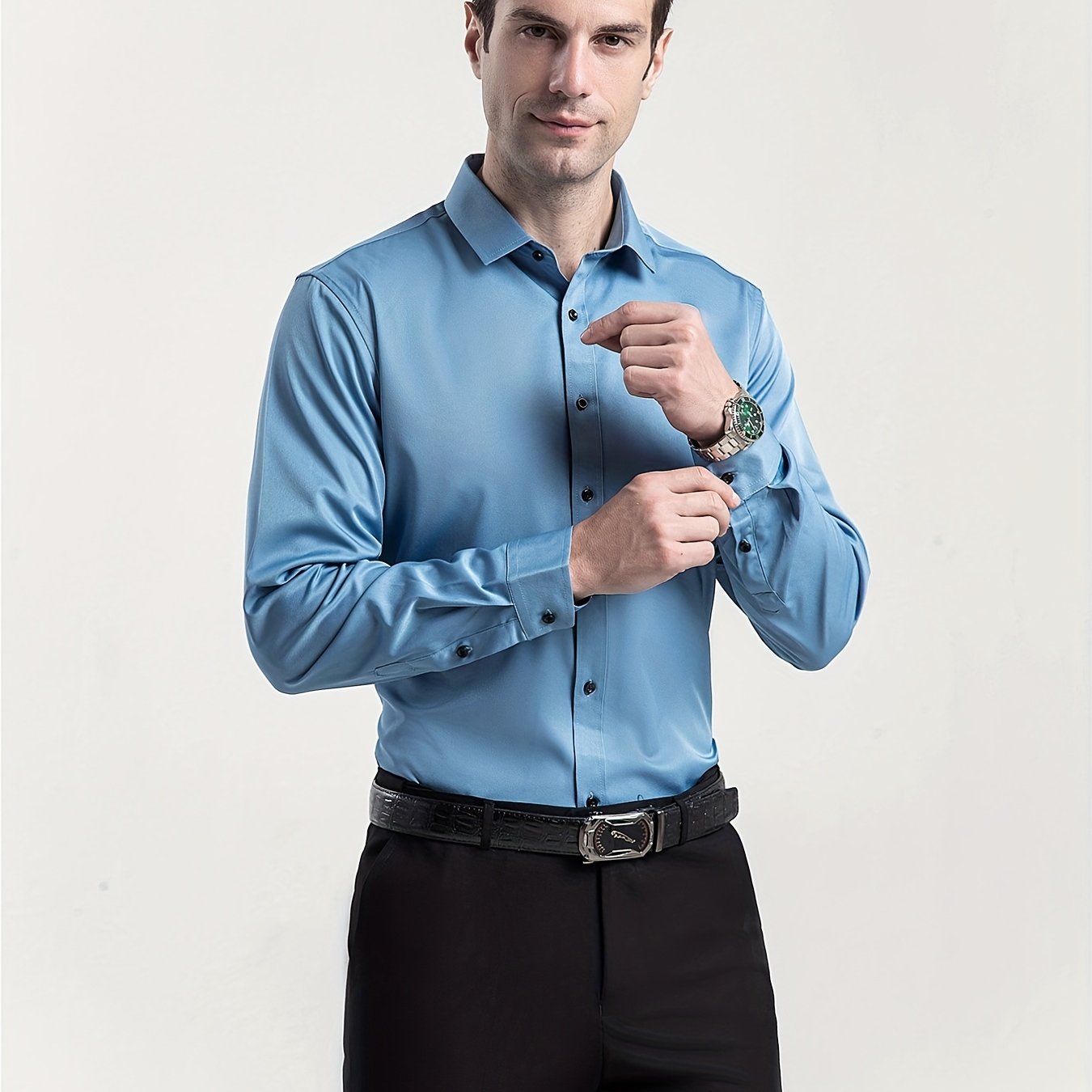 Men'S Slim-Fit Stretch Formal Shirt, Light Business Lapel Long Sleeve Shirt, Men'S Business Shirt Wrinkle-Resistant and Durable Solid Color Formal Long Sleeve Shirt with Buttons and Pockets Suitable for Work, Commuting, Datin