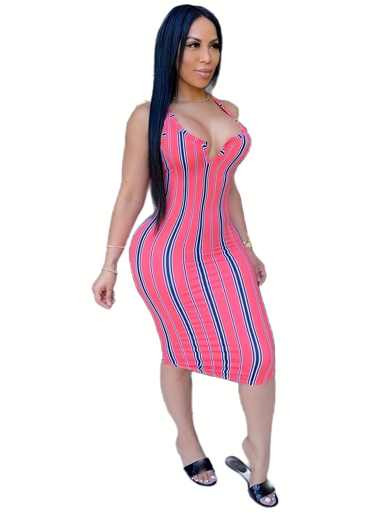 Random Print Striped Bodycon Dress, Sexy Sleeveless V-neck Stretchy Knee Length Dress, Women's Clothing