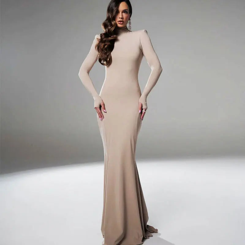 Robe dos nu élégante à col roulé pour femmes, robes monochromes, streetwear sexy, manches longues, décontracté, mince, mode, automne, hiver, nouveau