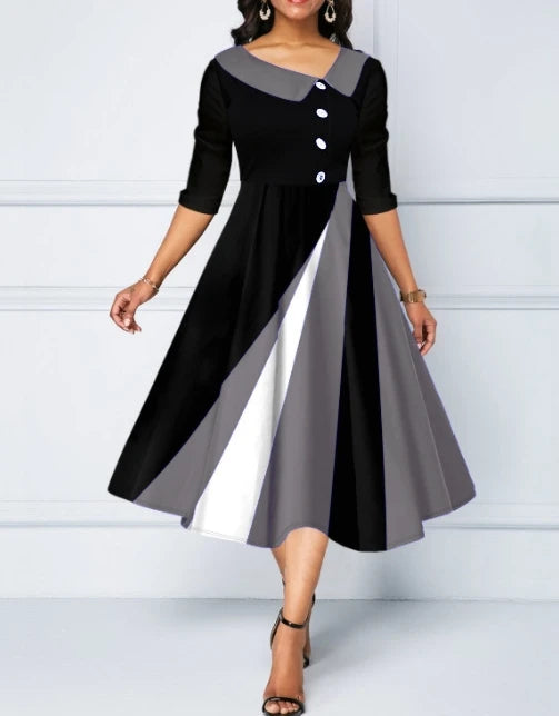 Robe longue à manches 2023 pour femmes, col rabattu, bouton, imprimé décoratif, coloré, grand ourlet, mode féminine élégante et noble, 5/4