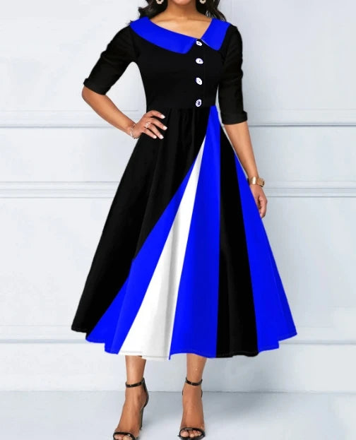 Robe longue à manches 2023 pour femmes, col rabattu, bouton, imprimé décoratif, coloré, grand ourlet, mode féminine élégante et noble, 5/4