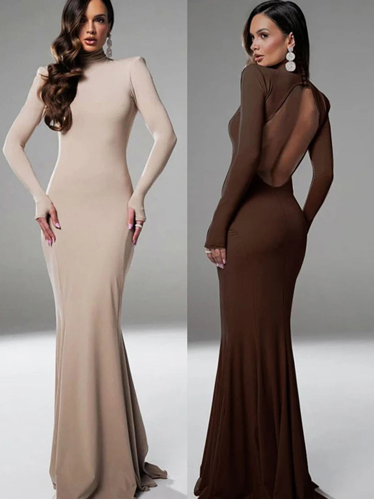 Robe dos nu élégante à col roulé pour femmes, robes monochromes, streetwear sexy, manches longues, décontracté, mince, mode, automne, hiver, nouveau