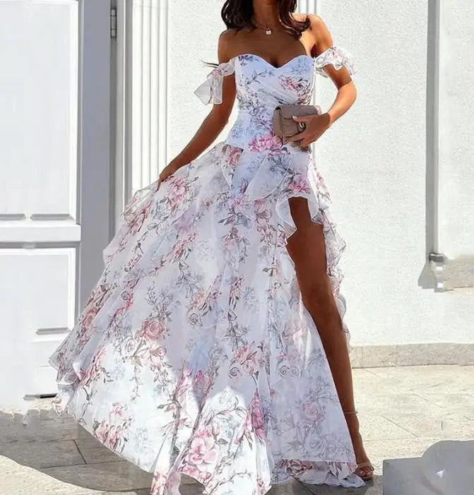 Robes de soirée élégantes pour femmes, nouvelle mode décontractée, tendance imprimée, Sexy, épicée, bretelles dénudées, taille fendue, robe de vacances, 23