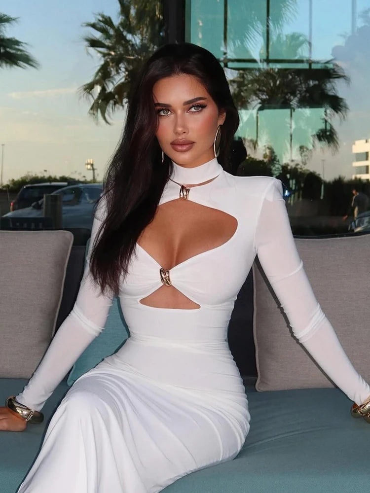 Robes de soirée élégantes pour femmes, mode sexy, manches longues, évider, col roulé, gaine, hanche ronde, robes longues éducatives pour femmes