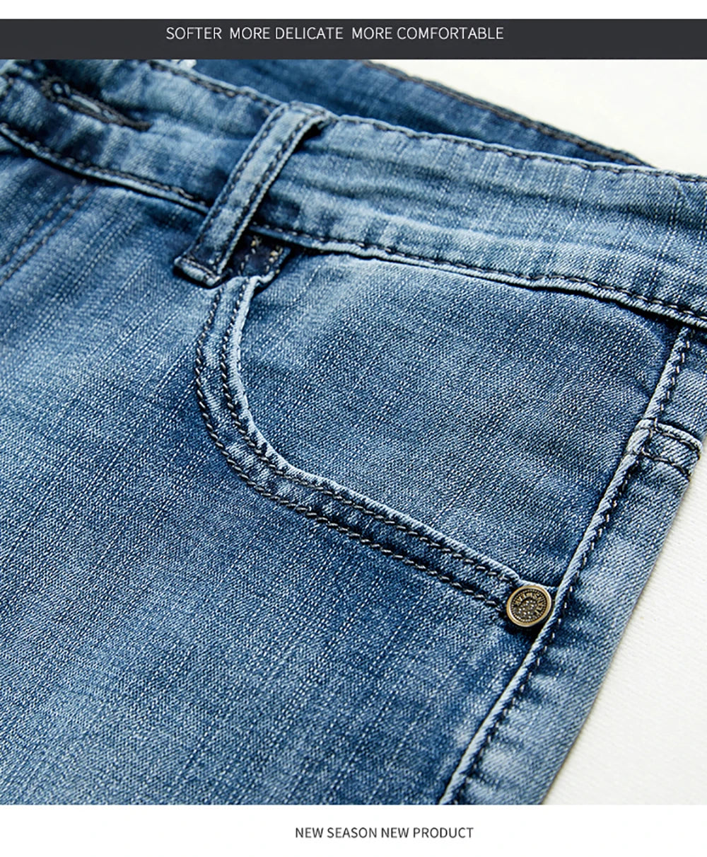 Short classique d'été pour hommes, pantalon en Denim, droit, extensible, décontracté, Cool, fin, longueur aux genoux, bleu, marque de mode, pantalon quotidien