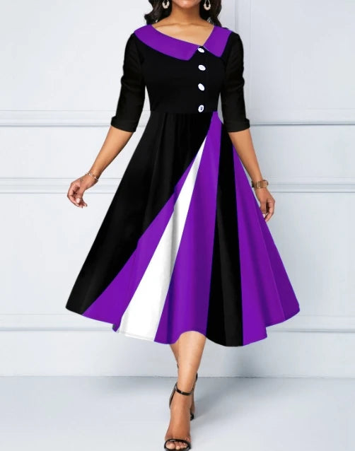 Robe longue à manches 2023 pour femmes, col rabattu, bouton, imprimé décoratif, coloré, grand ourlet, mode féminine élégante et noble, 5/4