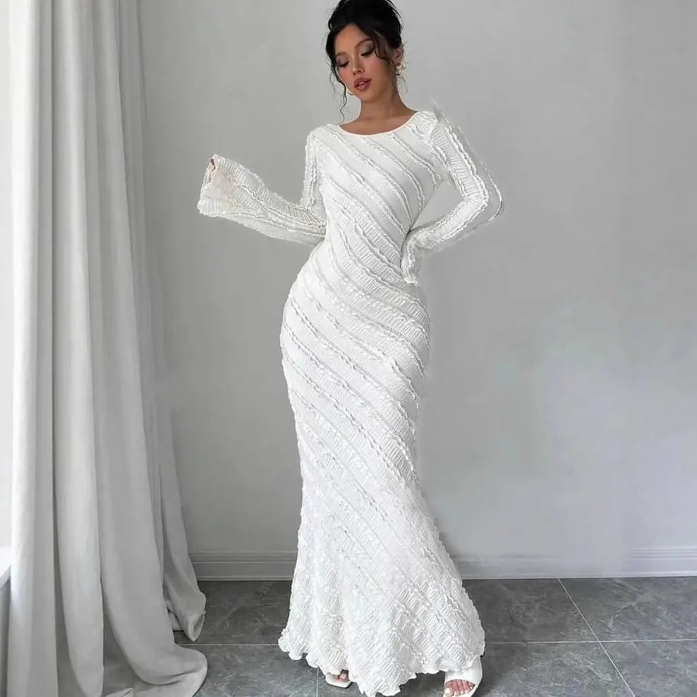Femmes robes robe blanche une ligne dos ouvert col rond manches longues cintré taille Empire cheville longueur coupe ajustée décontracté 2025 été