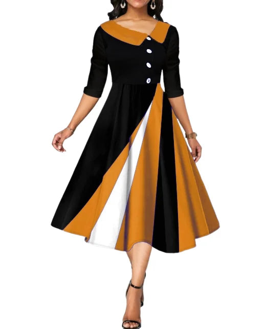 Robe longue à manches 2023 pour femmes, col rabattu, bouton, imprimé décoratif, coloré, grand ourlet, mode féminine élégante et noble, 5/4