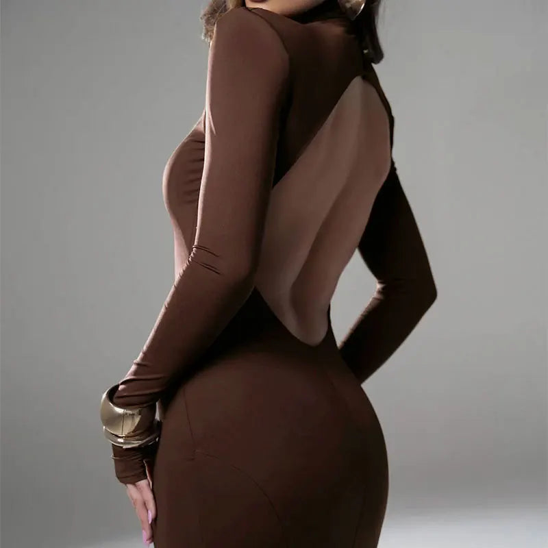 Robe dos nu élégante à col roulé pour femmes, robes monochromes, streetwear sexy, manches longues, décontracté, mince, mode, automne, hiver, nouveau
