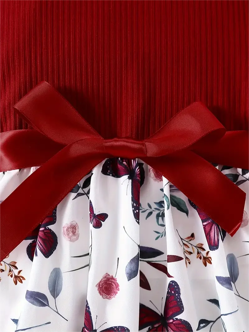 Robe sans manches cousue à imprimé papillon pour fille, avec ceinture à nœud, sortie de vacances/décontractée, cadeau d'été