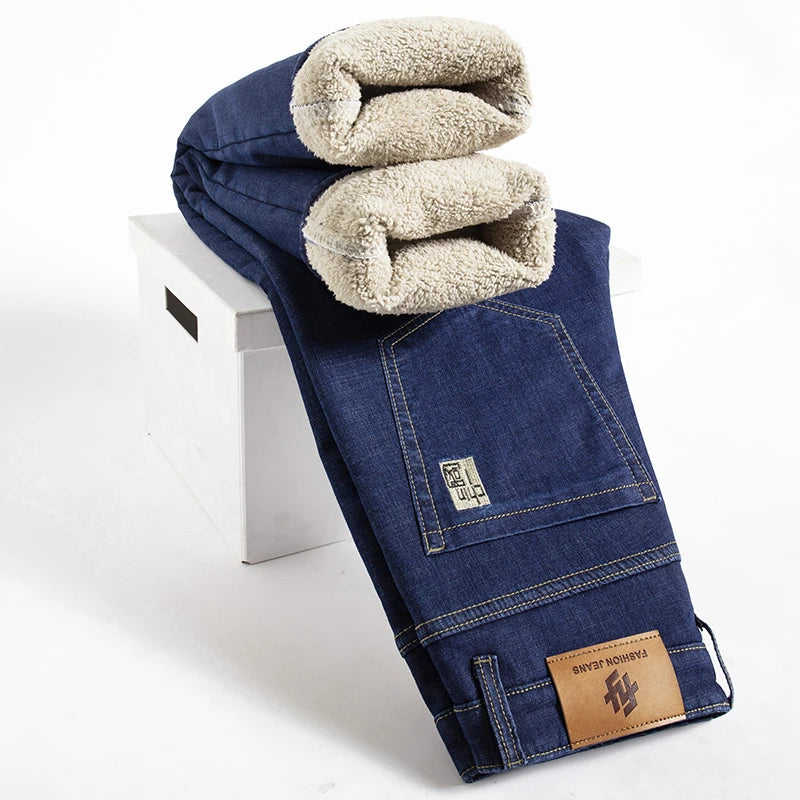 Hiver agneau peluches Denim pantalon droit hommes épaissir grande taille 40 jean taille haute Stretch jean doublé polaire chaud mince Vaqueros