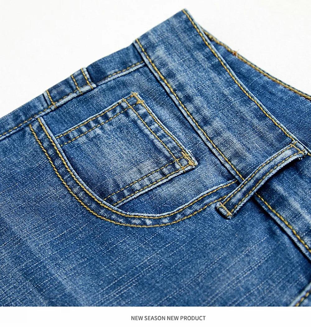 Short classique d'été pour hommes, pantalon en Denim, droit, extensible, décontracté, Cool, fin, longueur aux genoux, bleu, marque de mode, pantalon quotidien