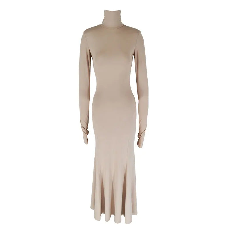 Robe dos nu élégante à col roulé pour femmes, robes monochromes, streetwear sexy, manches longues, décontracté, mince, mode, automne, hiver, nouveau