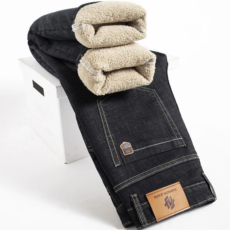Hiver agneau peluches Denim pantalon droit hommes épaissir grande taille 40 jean taille haute Stretch jean doublé polaire chaud mince Vaqueros