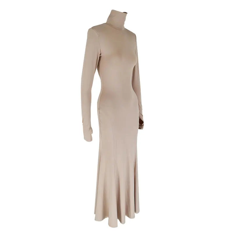Robe dos nu élégante à col roulé pour femmes, robes monochromes, streetwear sexy, manches longues, décontracté, mince, mode, automne, hiver, nouveau