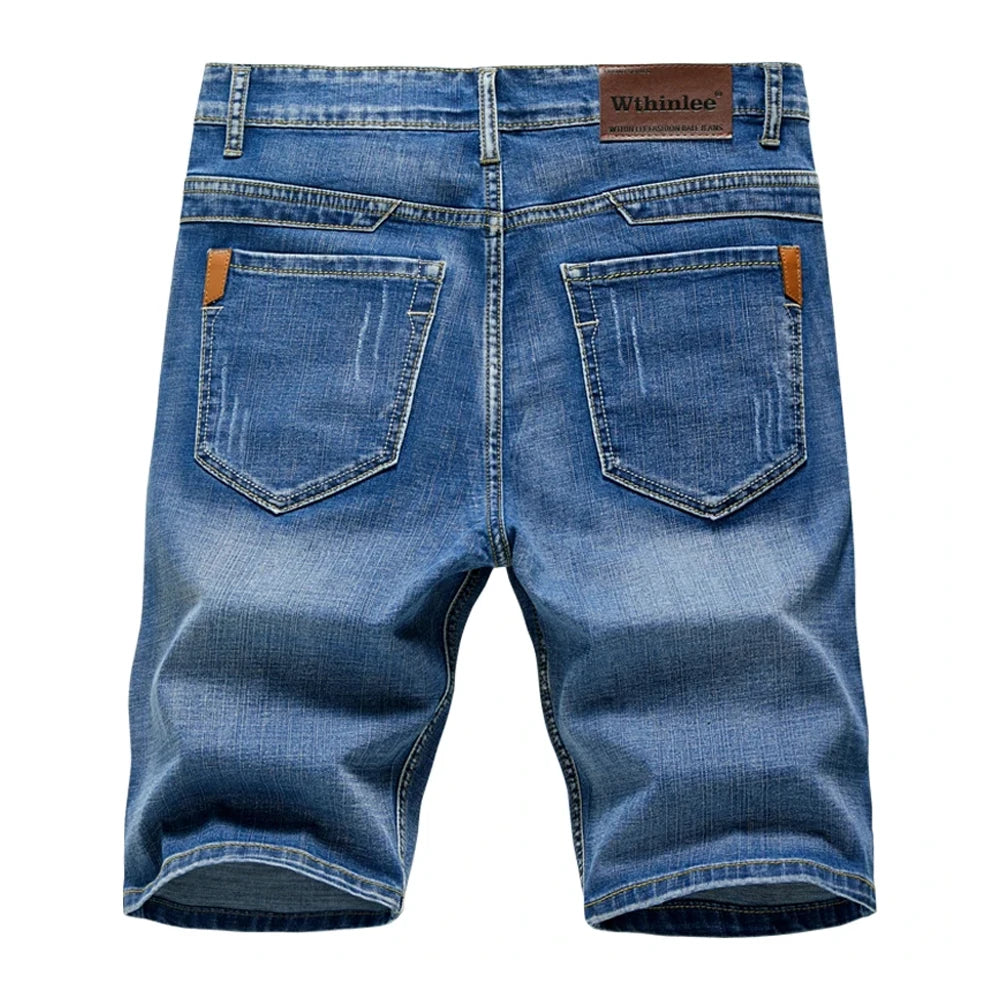 Short classique d'été pour hommes, pantalon en Denim, droit, extensible, décontracté, Cool, fin, longueur aux genoux, bleu, marque de mode, pantalon quotidien