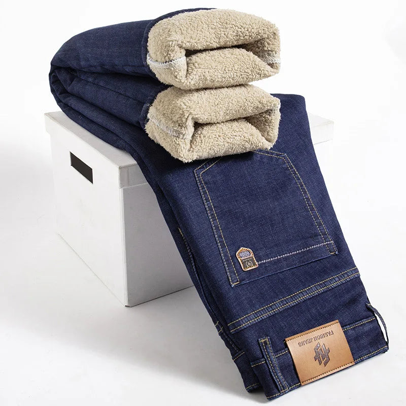 Hiver agneau peluches Denim pantalon droit hommes épaissir grande taille 40 jean taille haute Stretch jean doublé polaire chaud mince Vaqueros