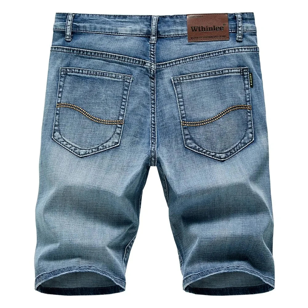 Short classique d'été pour hommes, pantalon en Denim, droit, extensible, décontracté, Cool, fin, longueur aux genoux, bleu, marque de mode, pantalon quotidien