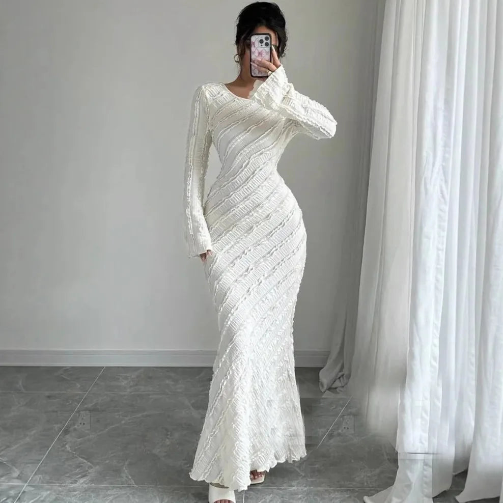 Femmes robes robe blanche une ligne dos ouvert col rond manches longues cintré taille Empire cheville longueur coupe ajustée décontracté 2025 été