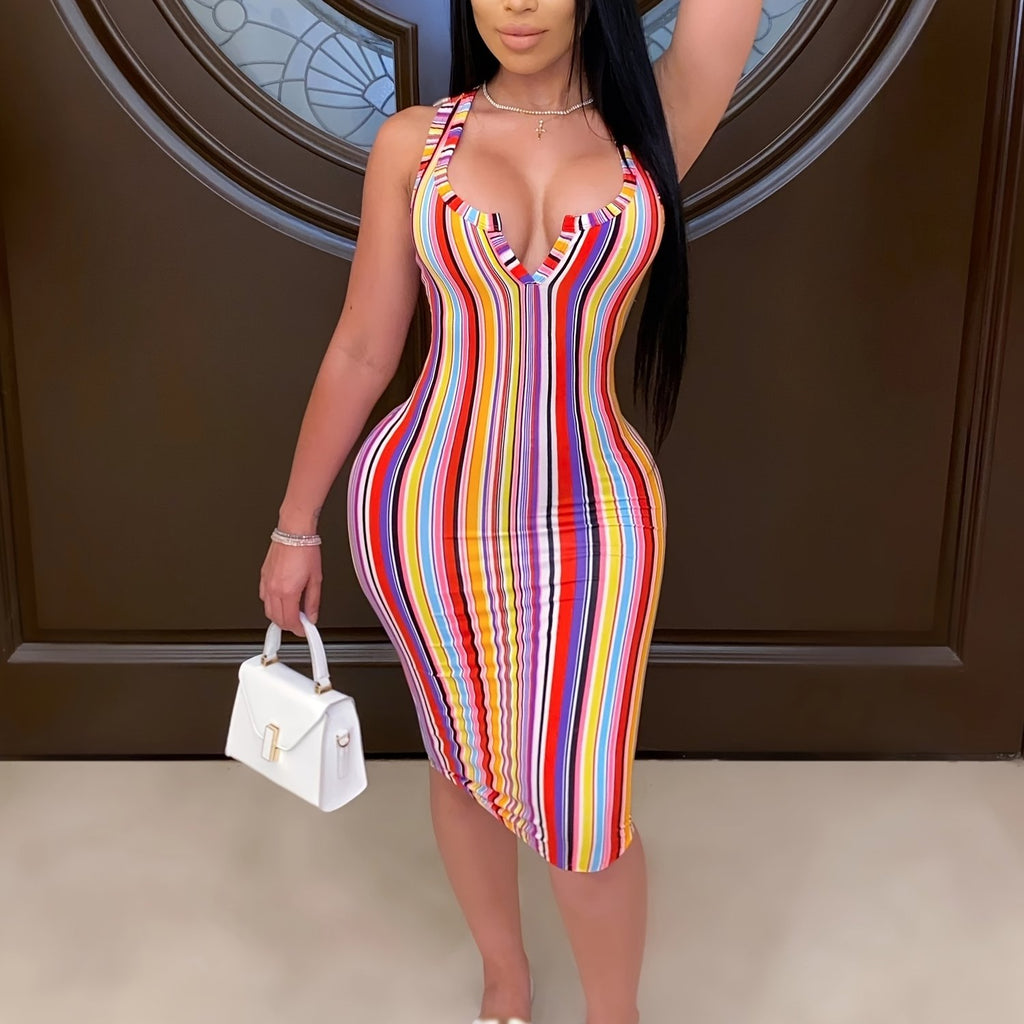 Random Print Striped Bodycon Dress, Sexy Sleeveless V-neck Stretchy Knee Length Dress, Women's Clothing